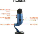 Logitech for Creators Blue Yeti USB Microphone for Gaming, Streaming, Podcasting, Twitch, Youtube, Discord, Recording for PC and Mac, 4 Polar Patterns, Studio Quality Sound, Plug & Play-Midnight Blue